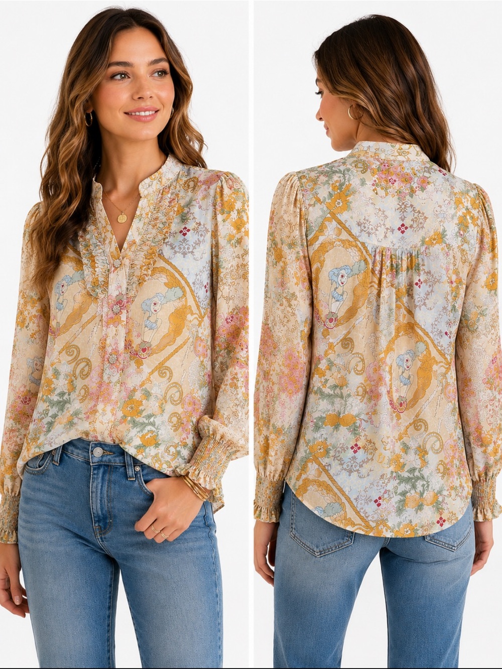 Anewsta Fairycore Ruffle Button Blouse Sheer Cottagecore Mermaid Print Top L